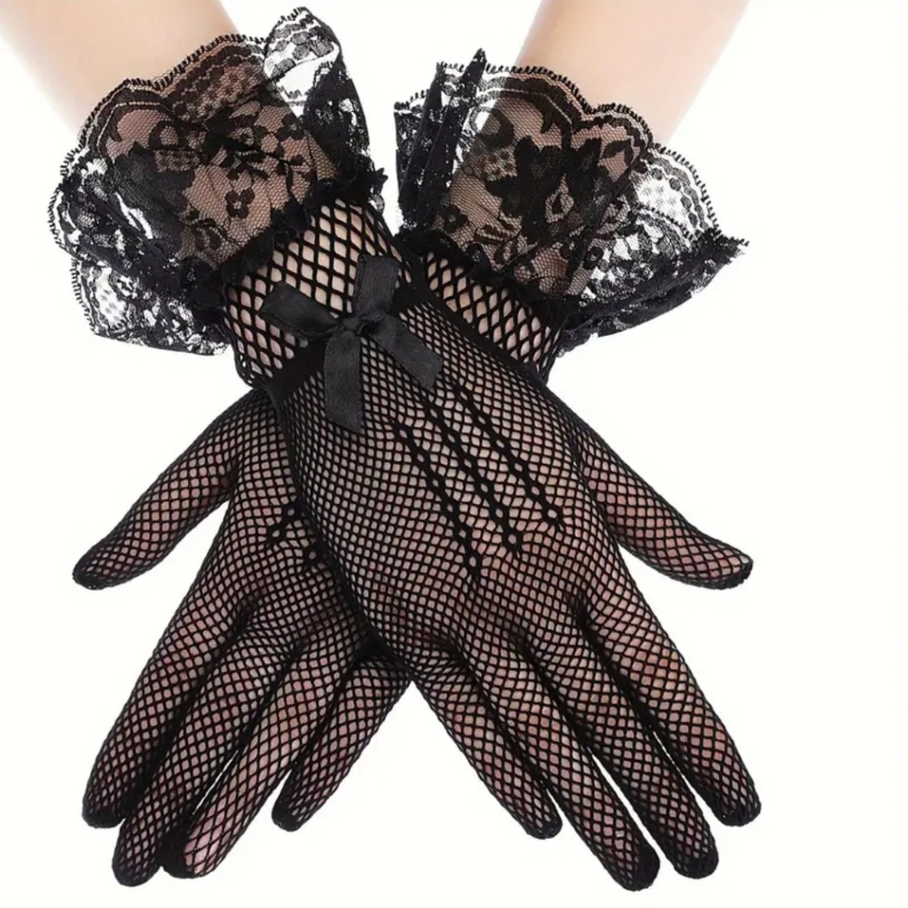 Elegant Black Tight Knit Fishnet & Lace Ruffle Gloves W/A Cute Black Satin Bow